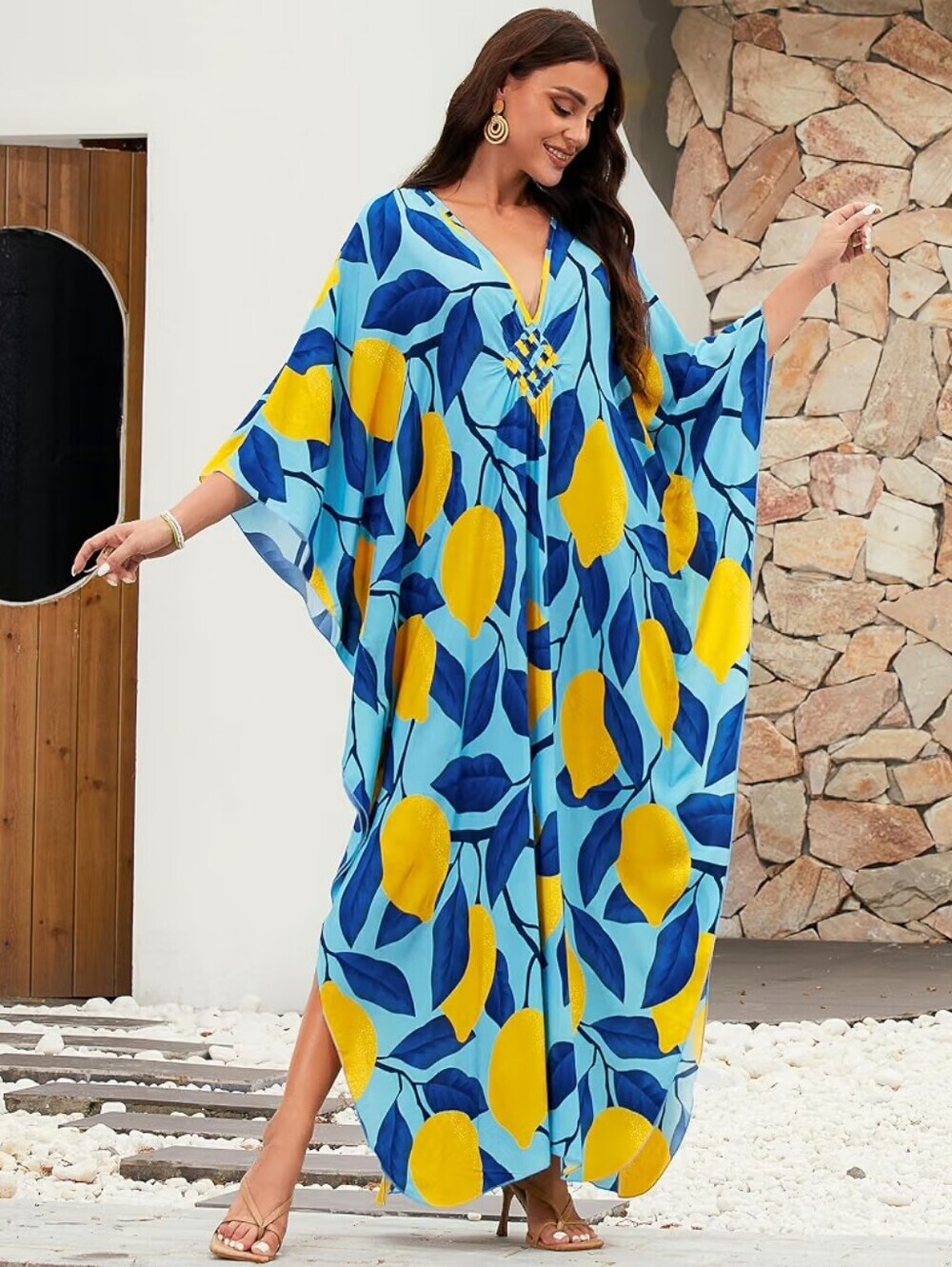 Kaftan V Neck Dress Coverup Colorful Print Beach Summer
